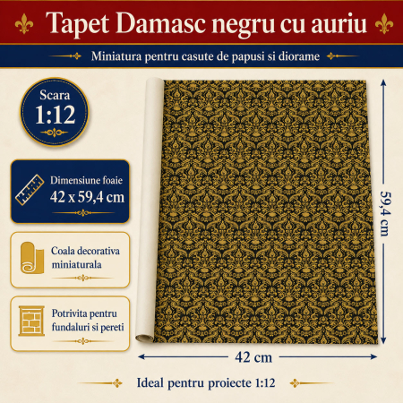 Tapet Damasc negru cu auriu 42 x 59,4 cm, miniatura pentru casute de papusi si diorame [2]
