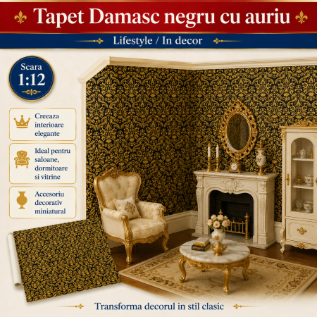 Tapet Damasc negru cu auriu 42 x 59,4 cm, miniatura pentru casute de papusi si diorame [3]