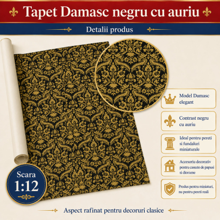 Tapet Damasc negru cu auriu 42 x 59,4 cm, miniatura pentru casute de papusi si diorame [1]