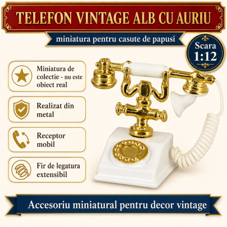 MINIATURI CASUTE PAPUSI - Telefon vintage alb cu auriu, miniatura pentru casute de papusi si colectii