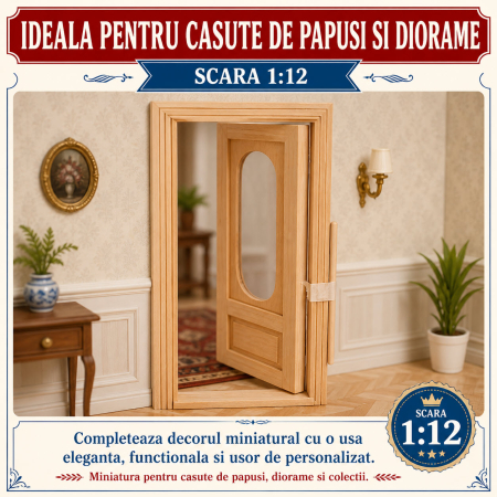 Usa intrare din lemn natur cu fereastra ovala, miniatura 1:12 pentru casute de papusi [3]