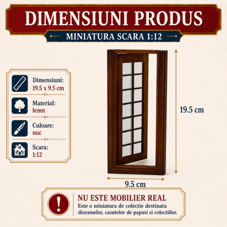 Usa miniaturala din lemn culoare nuc cu geam din plexiglas, miniatura 1:12 pentru casute de papusi [1]