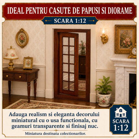 Usa miniaturala din lemn culoare nuc cu geam din plexiglas, miniatura 1:12 pentru casute de papusi [3]
