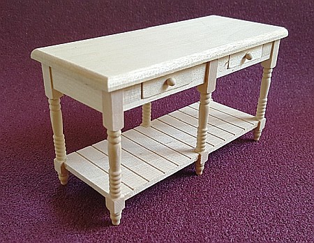 CASUTE DE PAPUSI LA SCARA 1:12 – mobilier și accesorii premium pentru colecționari - Masa mare - gen insula cu sertare din lemn natur - miniatura papusi scara 1:12