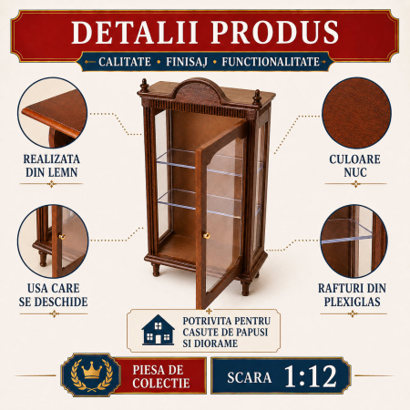 Vitrina din lemn Louis culoare nuc, miniatura 1:12 pentru casute de papusi [2]