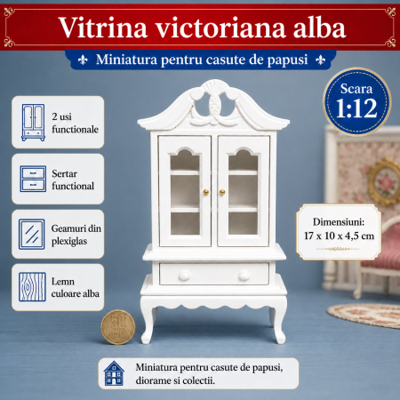 Vitrina victoriana alba cu 2 usi si sertar, miniatura 1:12 pentru casute de papusi