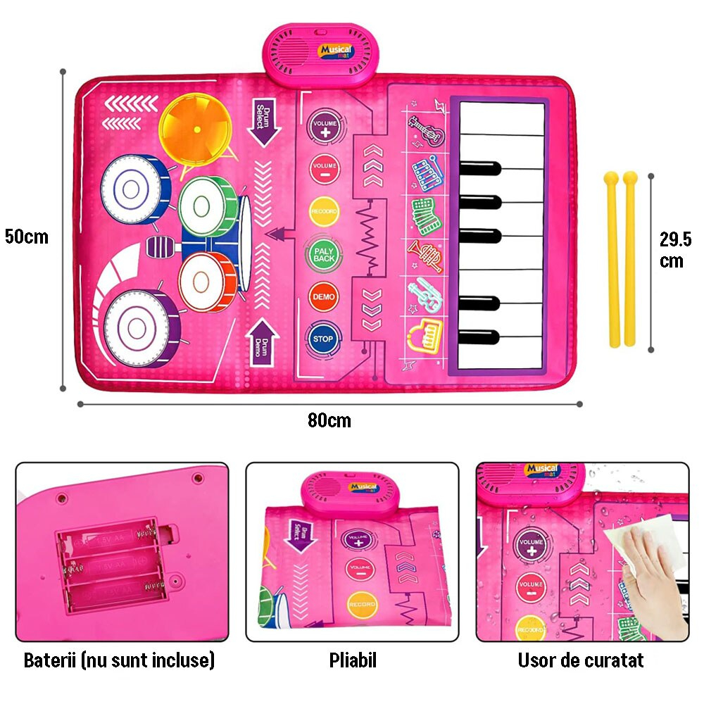 Covor Muzical Electronic, 2 betisoare de percutie, 13 melodii, Moduri multiple, Volum Adjustabil, 80x50 cm, + 3 Ani, PE+ABS, Roz [2]