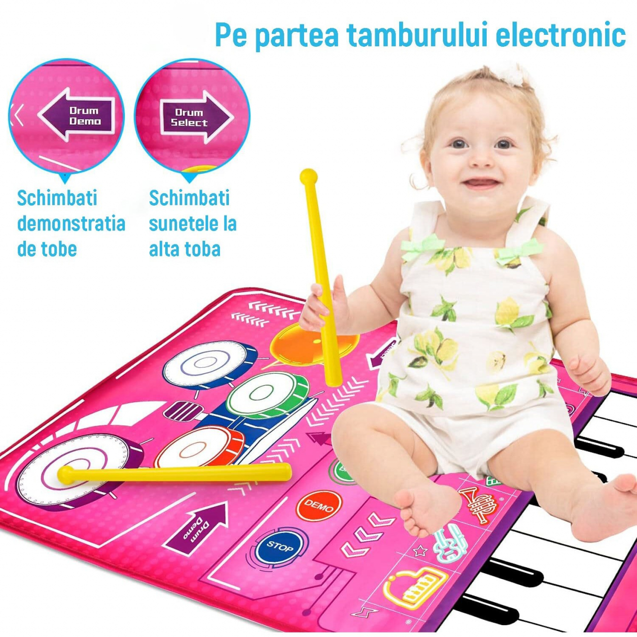 Covor Muzical Electronic, 2 betisoare de percutie, 13 melodii, Moduri multiple, Volum Adjustabil, 80x50 cm, + 3 Ani, PE+ABS, Roz [6]