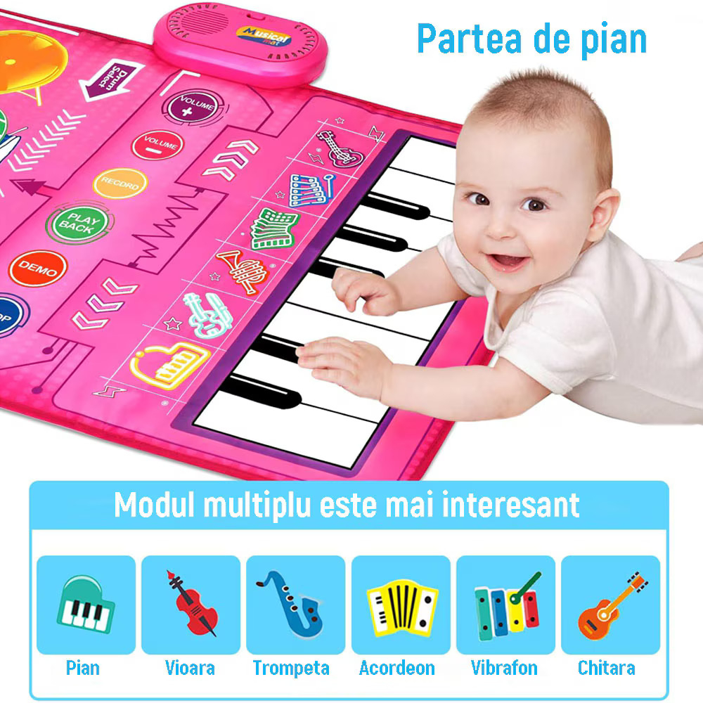 Covor Muzical Electronic, 2 betisoare de percutie, 13 melodii, Moduri multiple, Volum Adjustabil, 80x50 cm, + 3 Ani, PE+ABS, Roz [7]