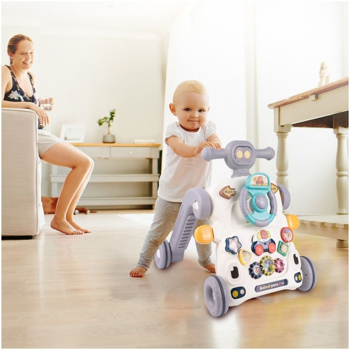 Antemergator Multifunctional 6 in1, Homio, Bicicleta de Echilibru, Centru de Activitati, Tricicleta cu Maner, Jucarii Muzicale, Lumini, Panou Detasabil, Volan, Forme Colorate, Roti Antiderapante, Stru [10]