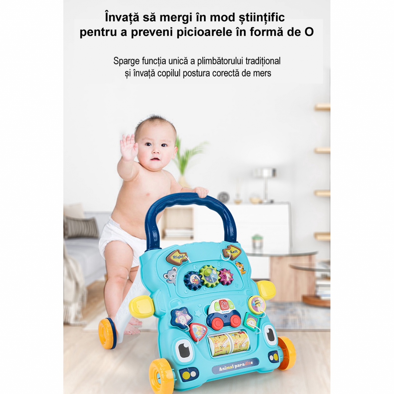 Antepremergator 2in1, 43x42x35 cm, pentru bebelusi, multifunctional, interactiv, masinuta detasabila, cu lumini si sunete, 9+ luni, albastru [6]