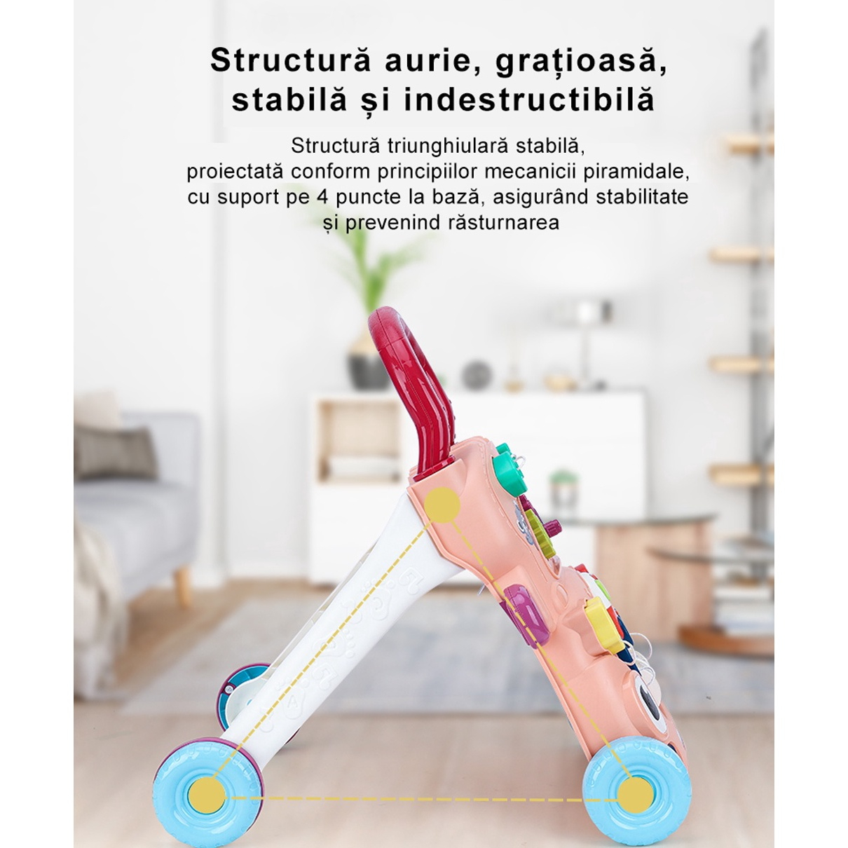 Antepremergator 2in1, 43x42x35 cm, pentru bebelusi, multifunctional, interactiv, masinuta detasabila, cu lumini si sunete, 9+ luni, roz [4]