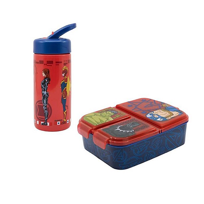 Set sticlă apă pentru copii, 410 ml și cutie sanwich multicompatimente, Homio, multicolor, plastic Fără BPA, Avengers [1]