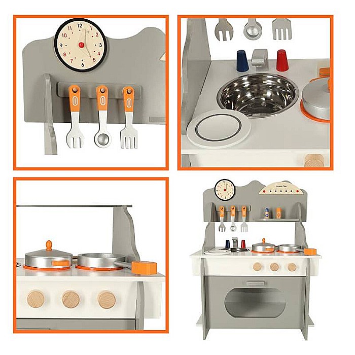 Bucătărie Pentru Copii, Din Lemn Homio, culoare Alb/Gri, Include Plită cu Două Arzătoare, Chiuvetă, Cuptor Mare, Accesorizată Complet, Vopsea pe Bază de Apă, 72 x52x 36 cm [3]