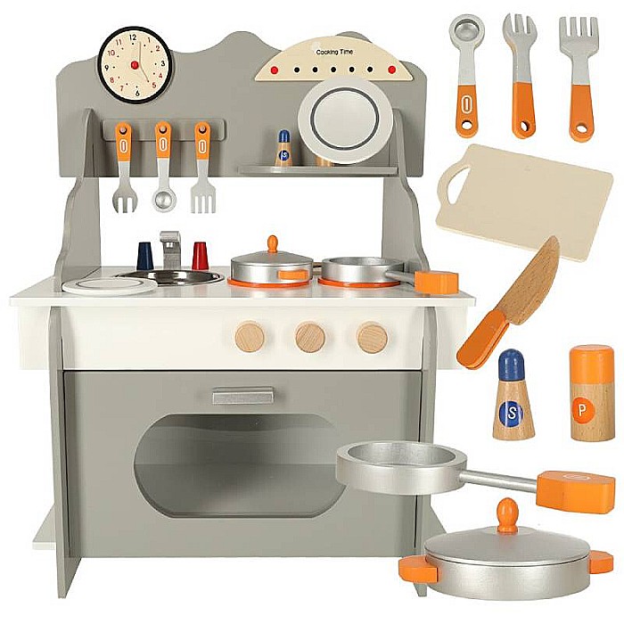 Bucătărie Pentru Copii, Din Lemn Homio, culoare Alb/Gri, Include Plită cu Două Arzătoare, Chiuvetă, Cuptor Mare, Accesorizată Complet, Vopsea pe Bază de Apă, 72 x52x 36 cm [12]