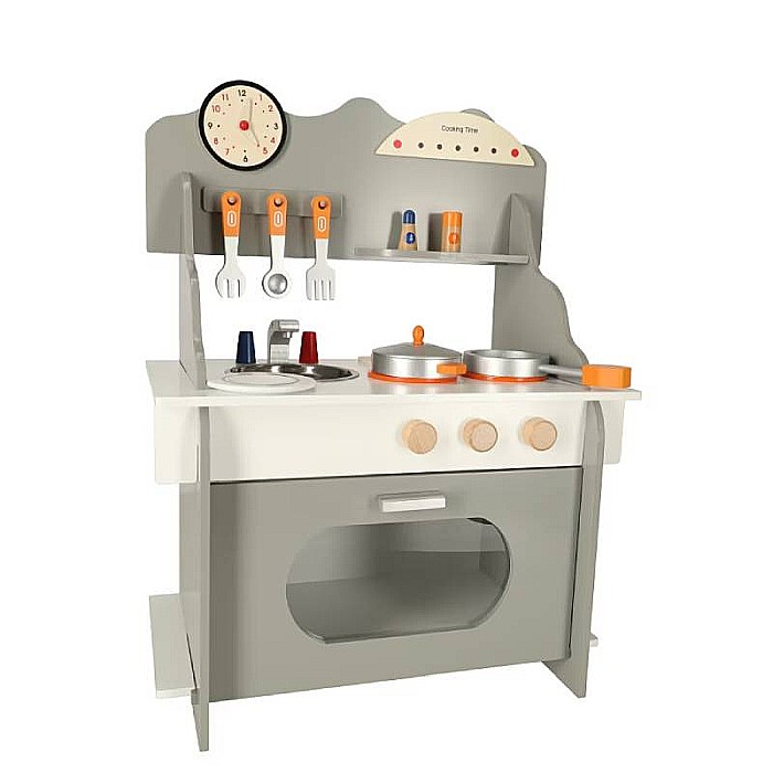 Bucătărie Pentru Copii, Din Lemn Homio, culoare Alb/Gri, Include Plită cu Două Arzătoare, Chiuvetă, Cuptor Mare, Accesorizată Complet, Vopsea pe Bază de Apă, 72 x52x 36 cm [5]