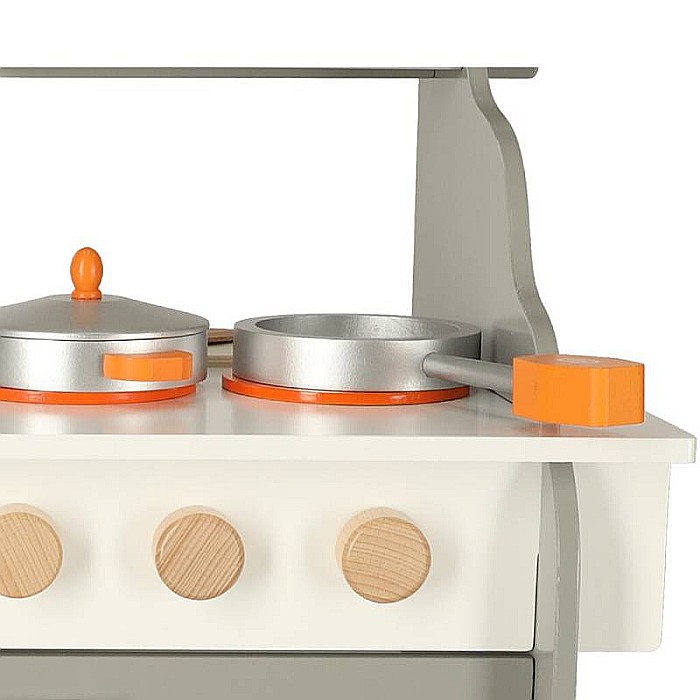 Bucătărie Pentru Copii, Din Lemn Homio, culoare Alb/Gri, Include Plită cu Două Arzătoare, Chiuvetă, Cuptor Mare, Accesorizată Complet, Vopsea pe Bază de Apă, 72 x52x 36 cm [8]