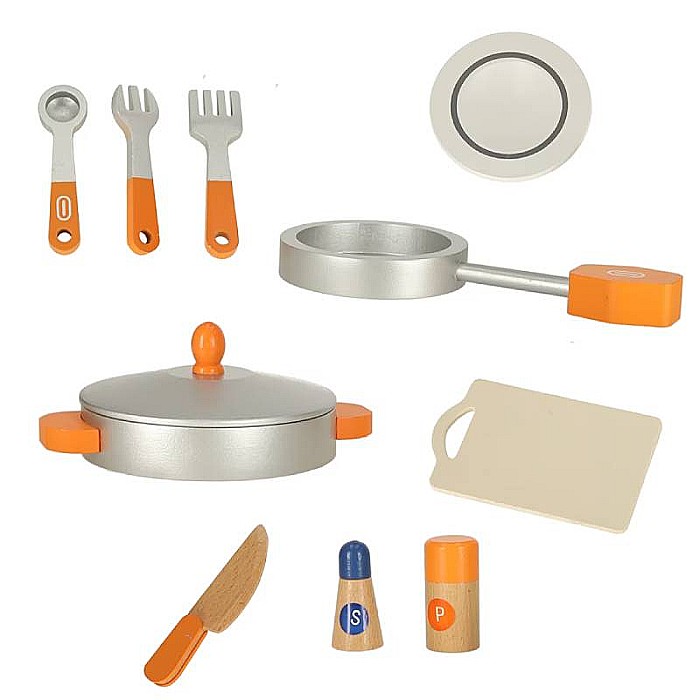 Bucătărie Pentru Copii, Din Lemn Homio, culoare Alb/Gri, Include Plită cu Două Arzătoare, Chiuvetă, Cuptor Mare, Accesorizată Complet, Vopsea pe Bază de Apă, 72 x52x 36 cm [11]