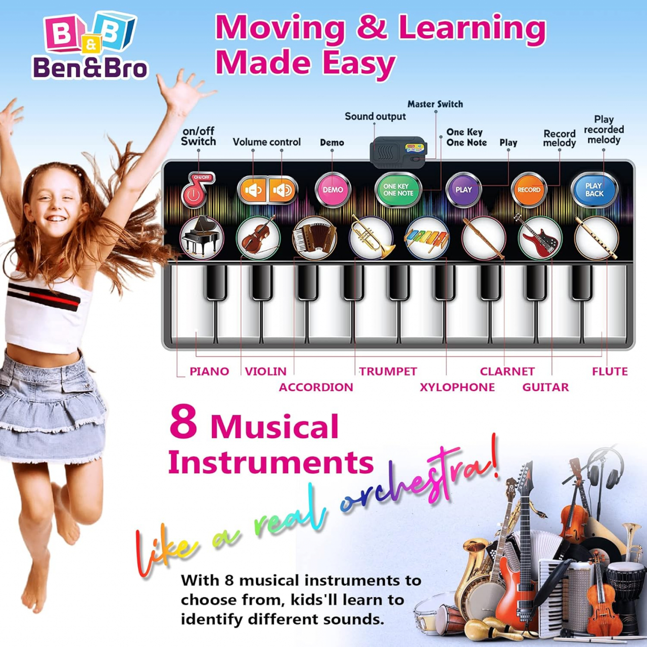 Covoras Muzical Interactiv pentru Copii, cu 10 Clape, 8 Instrumente Muzicale si Functii de Inregistrare, Volum Reglabil si Sunete Educative, Ideal pentru Dezvoltarea Creativitatii si Coordonarii, 3 An [5]