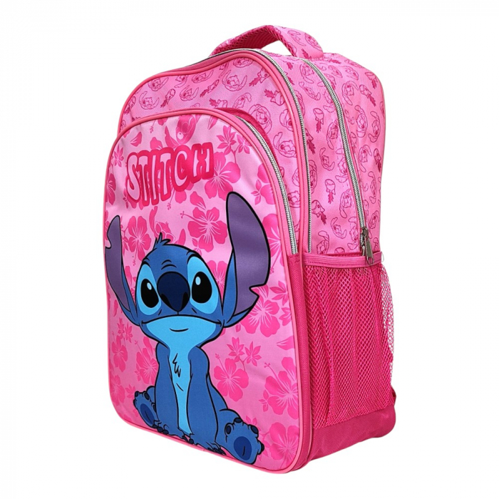 Ghiozdan copii, 42x30x17 cm, cu trei compartimente si doua buzunare laterale, roz, bretele ergonomice, intarite si ajustabile, benzi reflectorizante, Stitch [1]