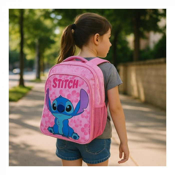 Ghiozdan copii, 42x30x17 cm, cu trei compartimente si doua buzunare laterale, roz, bretele ergonomice, intarite si ajustabile, benzi reflectorizante, Stitch [4]