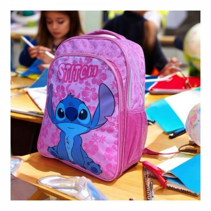 Ghiozdan copii, 42x30x17 cm, cu trei compartimente si doua buzunare laterale, roz, bretele ergonomice, intarite si ajustabile, benzi reflectorizante, Stitch [3]