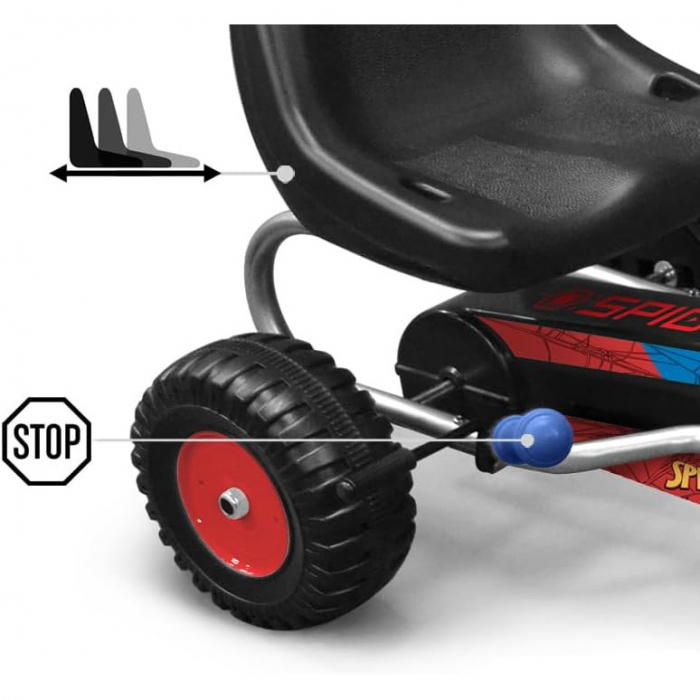 Go-Kart cu pedale, pentru copii 3-12 ani, reglabil, frana de mana, cadru de otel, sistem de roti cu cuplu liber, rulmenti cu bile, multicolor, Spiderman [5]