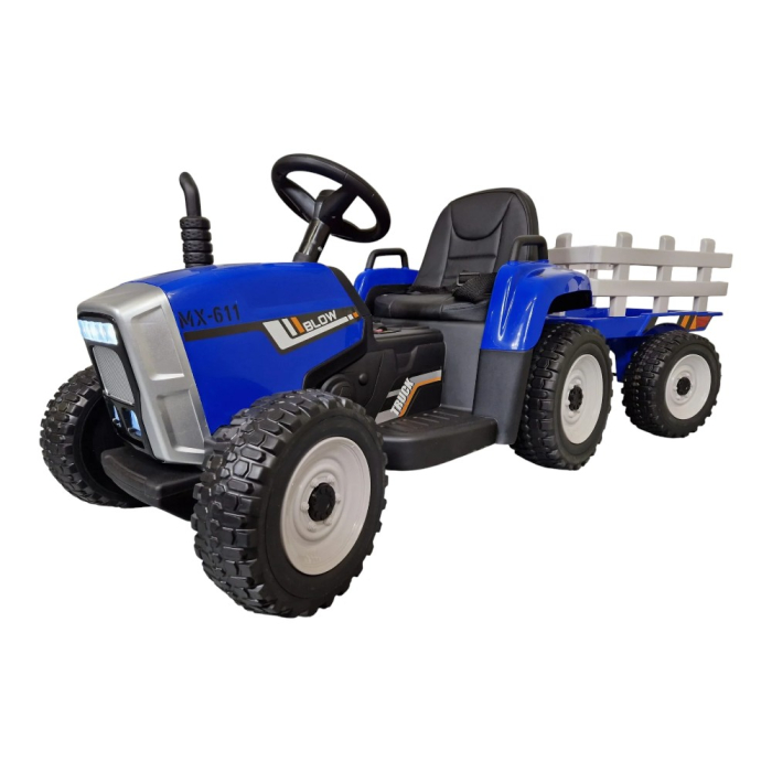 Mașină electrică tip tractor cu remorcă, pentru o persoană, Albastru, 12V, cu telecomandă, Sunete/Muzică, Bluetooth, 137x50x53 cm [2]