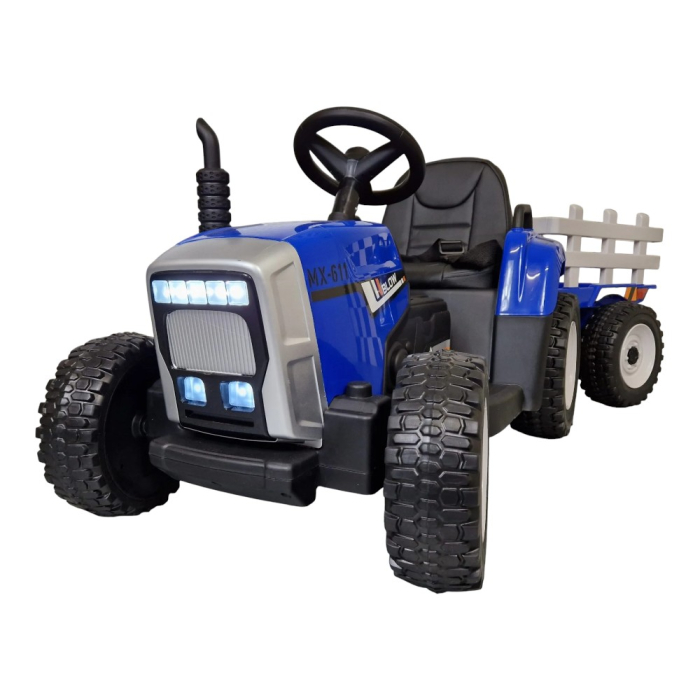 Mașină electrică tip tractor cu remorcă, pentru o persoană, Albastru, 12V, cu telecomandă, Sunete/Muzică, Bluetooth, 137x50x53 cm [1]