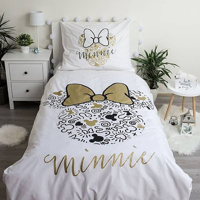 Set lenjerie pat copii, 100% bumbac, alb, 2 piese, 140×200 cm, 70×90, Minnie Mouse, Disney, gold02 [2]