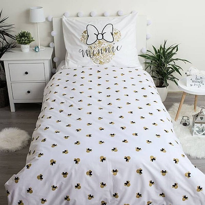 Set lenjerie pat copii, 100% bumbac, alb, 2 piese, 140×200 cm, 70×90, Minnie Mouse, Disney, gold02 [3]