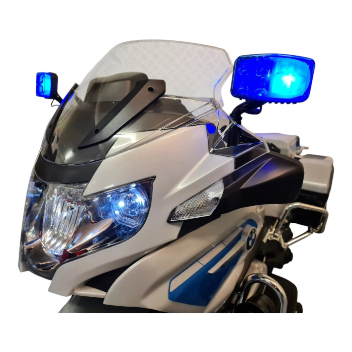 Motocicletă electrică de poliție cu licență BMW R1200, pentru o persoană, Albastru/Alb 12V, Sunete/Muzică, MP3, Lumini, Roți laterale, 124x47x75 cm [7]