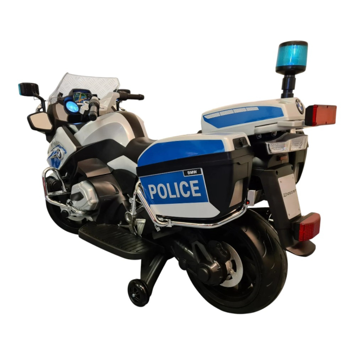 Motocicletă electrică de poliție cu licență BMW R1200, pentru o persoană, Albastru/Alb 12V, Sunete/Muzică, MP3, Lumini, Roți laterale, 124x47x75 cm [5]