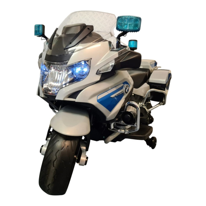 Motocicletă electrică de poliție cu licență BMW R1200, pentru o persoană, Albastru/Alb 12V, Sunete/Muzică, MP3, Lumini, Roți laterale, 124x47x75 cm [1]