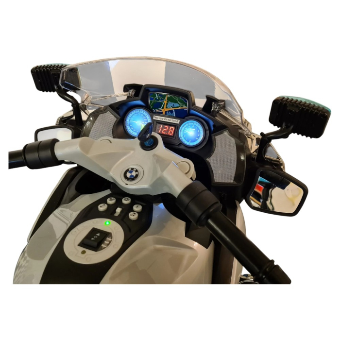 Motocicletă electrică de poliție cu licență BMW R1200, pentru o persoană, Albastru/Alb 12V, Sunete/Muzică, MP3, Lumini, Roți laterale, 124x47x75 cm [9]