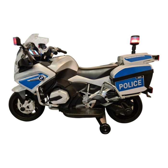 Motocicletă electrică de poliție cu licență BMW R1200, pentru o persoană, Albastru/Alb 12V, Sunete/Muzică, MP3, Lumini, Roți laterale, 124x47x75 cm [4]