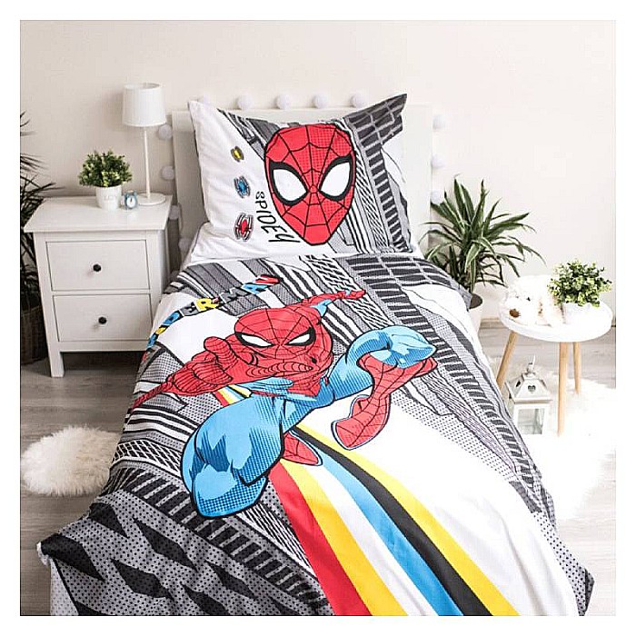 Lenjerie de pat pentru copii tematică Spiderman 2 Piese 140×200 cm husă pilotă 2 fete, 70×90 cm husă pernă 2 fete, 100% Bumbac [2]