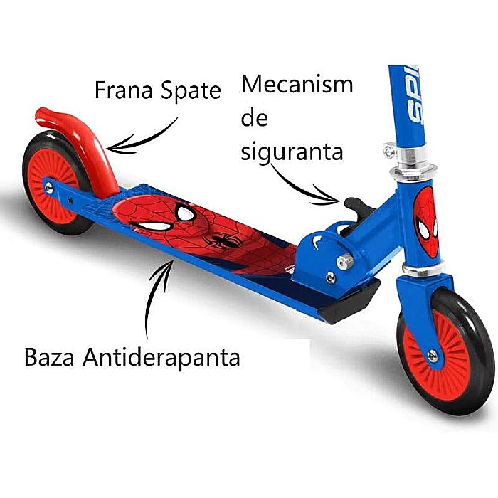 Trotinetă pliabilă cu 2 roți 3 ani +, multicolor, ghidon ajustabil, mânere pliabile, platformă antiderapantă, frână posterioară cu piciorul, Spiderman [5]
