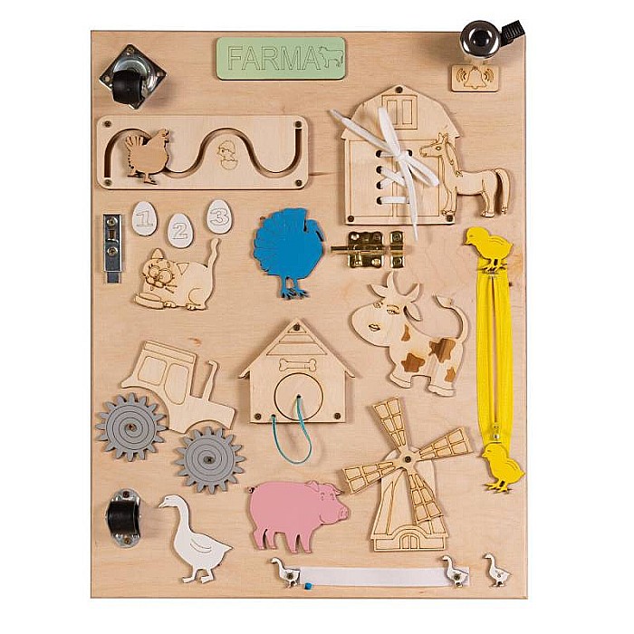 Placă senzorială tip Montessori, 2 în 1 tablă animale + tablă de scris și desenat, din lemn, Homio, The little farmer [6]