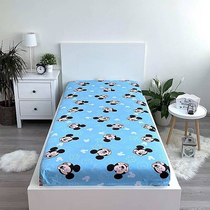 Cearceaf cu margini elastice, multicolor, 100% bumbac, 90 x 200 cm, Blue, Mickey Mouse [2]