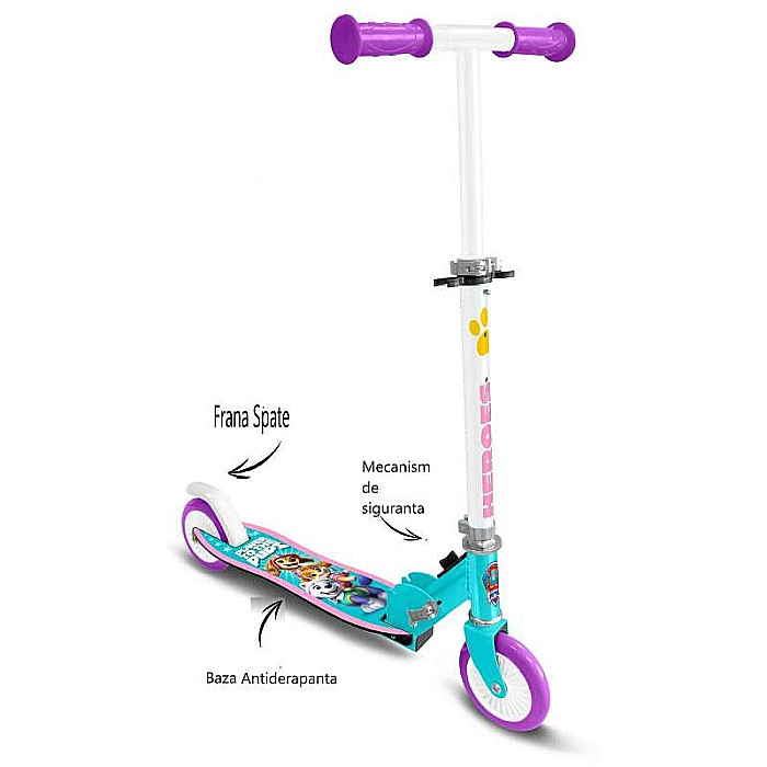 Trotinetă pliabilă cu 2 roți 3 ani +, sarcina maximă 50 kg, rulmenți ABEC 5, multicolor, ghidon ajustabil, mânere pliabile, platforma antiderapantă, frână posterioară cu piciorul, Paw Patrol [5]