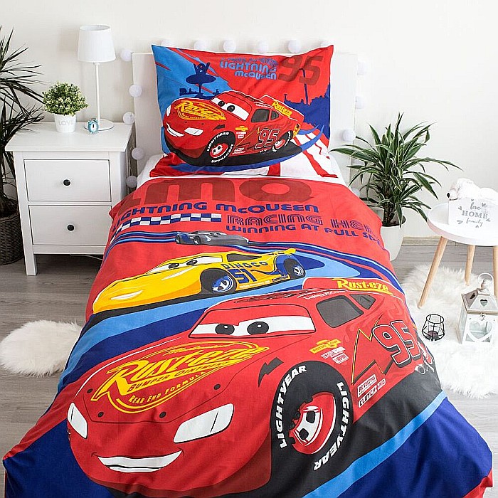 Set lenjerie pat copii, cu detalii fosforescente, multicolor, 2 piese, 100% bumbac, 140×200 cm, 70×90, Disney, Cars, Red 02 [2]