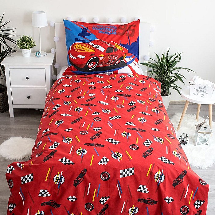 Set lenjerie pat copii, cu detalii fosforescente, multicolor, 2 piese, 100% bumbac, 140×200 cm, 70×90, Disney, Cars, Red 02 [4]