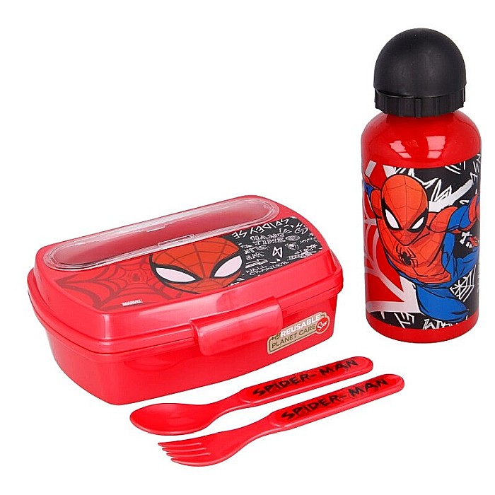 Set sticlă apă 400 ml din aluminiu și cutie sandwich cu tacâmuri, fără BPA, Marvel, Spiderman [2]