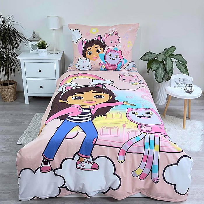 Set lenjerie de pat 3 piese, reversibilă, multicolor, 100% bumbac, husă pilota, 140 x 200 cm, față pernă, 70 x 90 cm, cearceaf de pat 90 x 200 cm Gabby's Dollhouse [3]