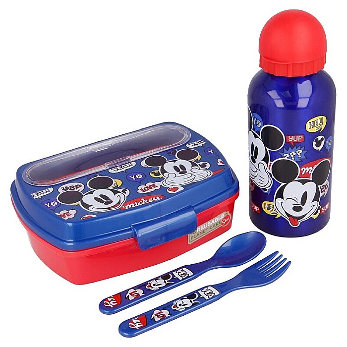 Set sticlă apă 400 ml din aluminiu și cutie sandwich cu tacâmuri, fără BPA, Disney, Mickey Mouse [2]