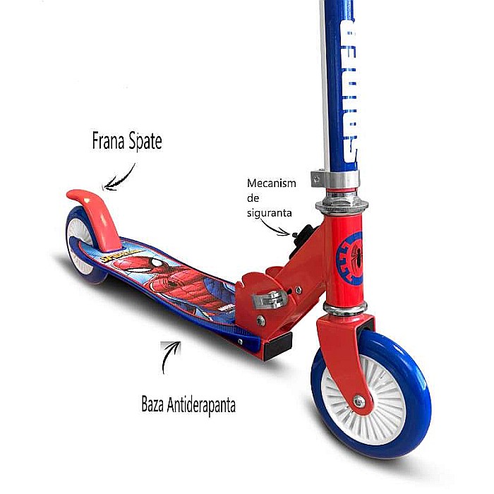 Trotinetă pliabilă cu 2 roți 3 ani +, sarcina maximă 50 kg, rulmenți ABEC 5, multicolor, ghidon ajustabil, mânere pliabile, platforma antiderapantă, frână posterioară cu piciorul, Spiderman [5]