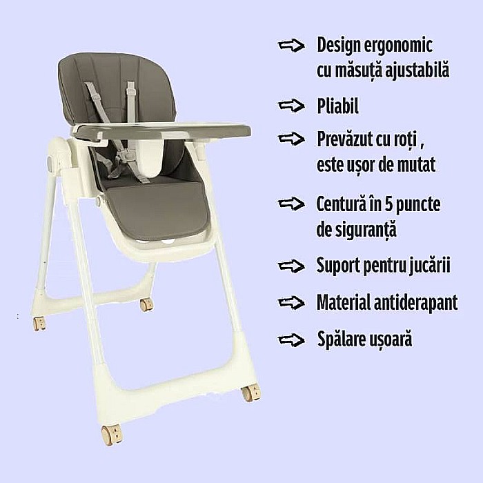 Scaun de masă copii, 3 în 1, Roți și sistem antiderapant, Homio Being More, Vărsta 6-36 luni, Pliabil, Suport picioare, Înălțime ajustabilă, Tăviță reglabilă și detașabilă, Centura de siguranță cu pri [2]
