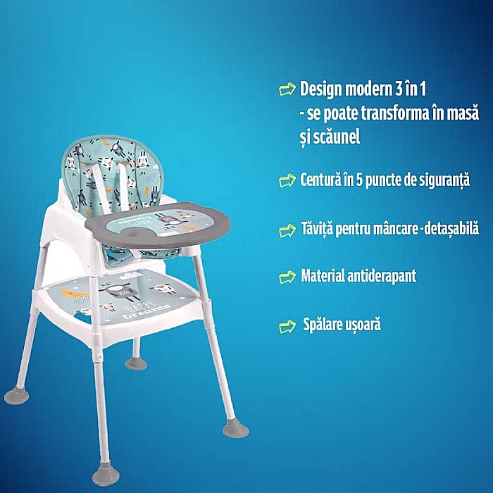 Scaun înalt de masă pentru copii, multicolor, multifuncțional, 3 în 1 transformabil în scăunel și măsuță, Homio, 6 luni-4 ani, centură în 5 puncte, greutate maximă 20kg [2]