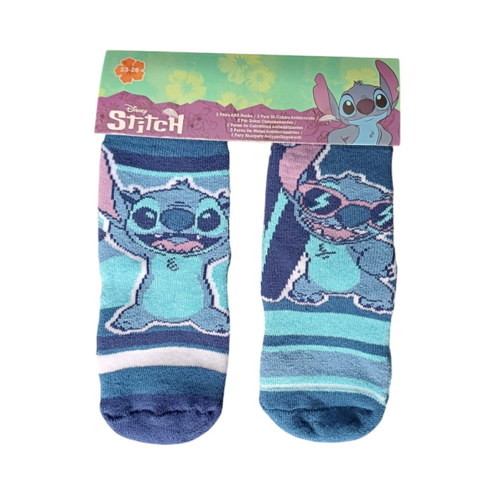Set 2 perechi șosete ABS, talpă antiderapantă, albastru, Happy, Stitch [1]